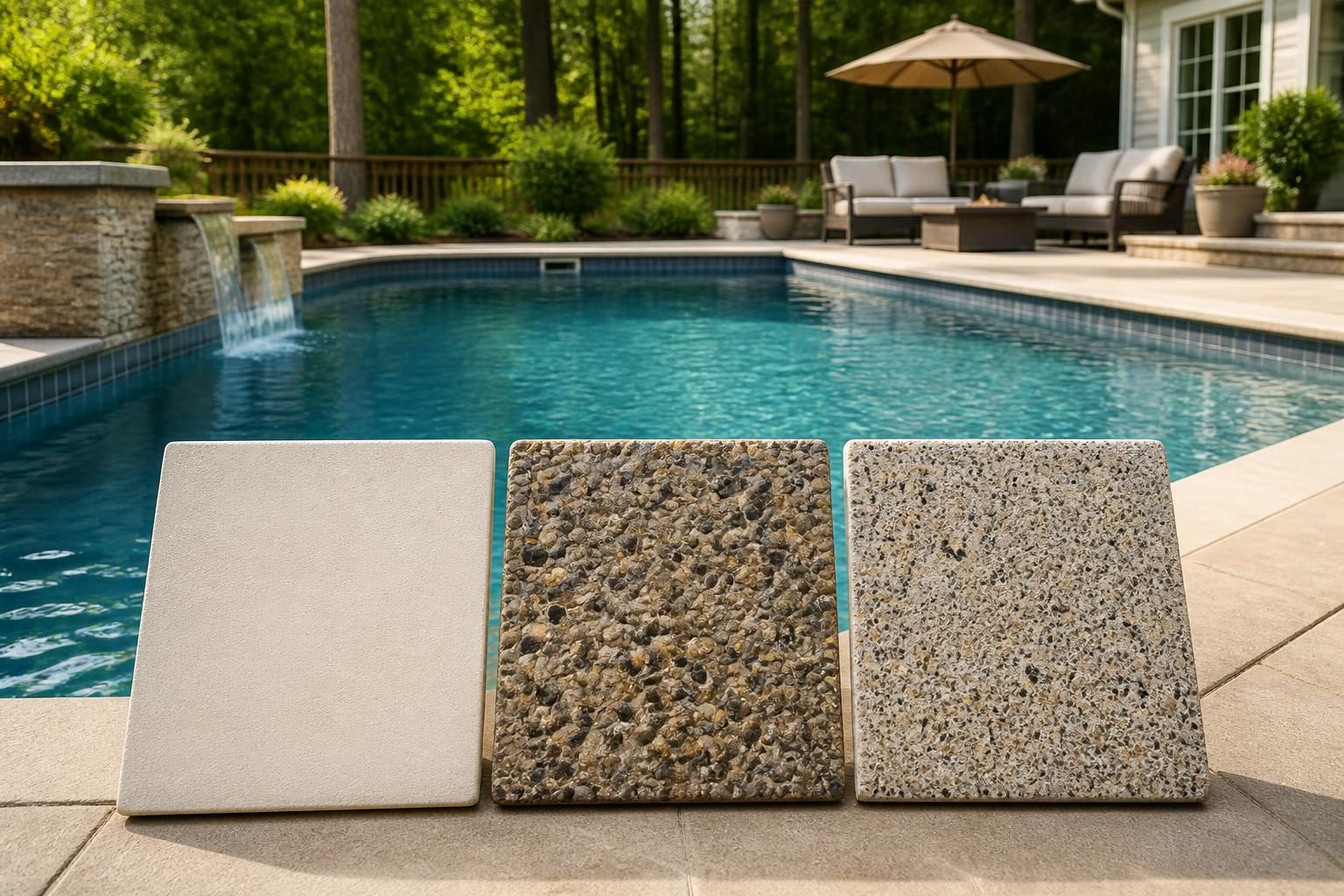 Compare pool surface finishes for maintenance with plaster, pebble, and aggregate samples beside a residential pool