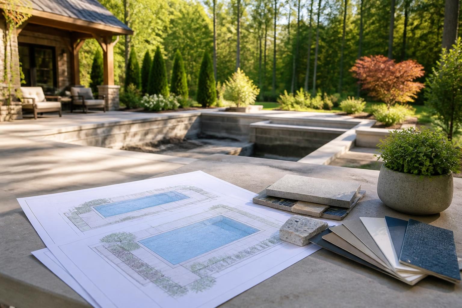 Homeowners compare residential pool design proposals North Carolina using plans and material samples