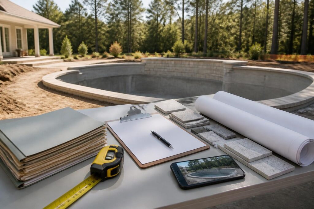 Homeowner tools used to document pool construction with plans, measurements, photos, and material labels