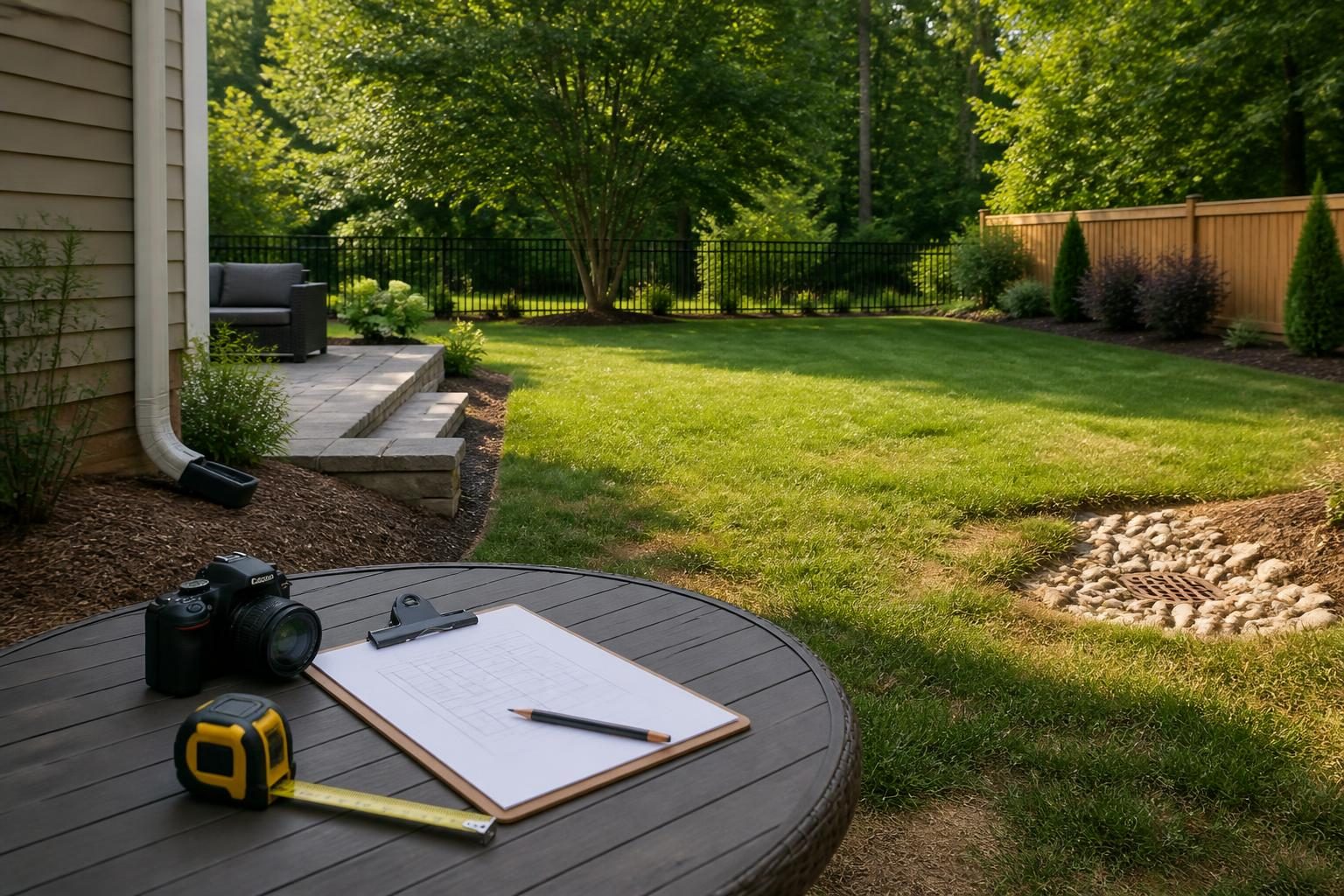 Homeowner tools to document yard conditions before pool construction in a North Carolina backyard