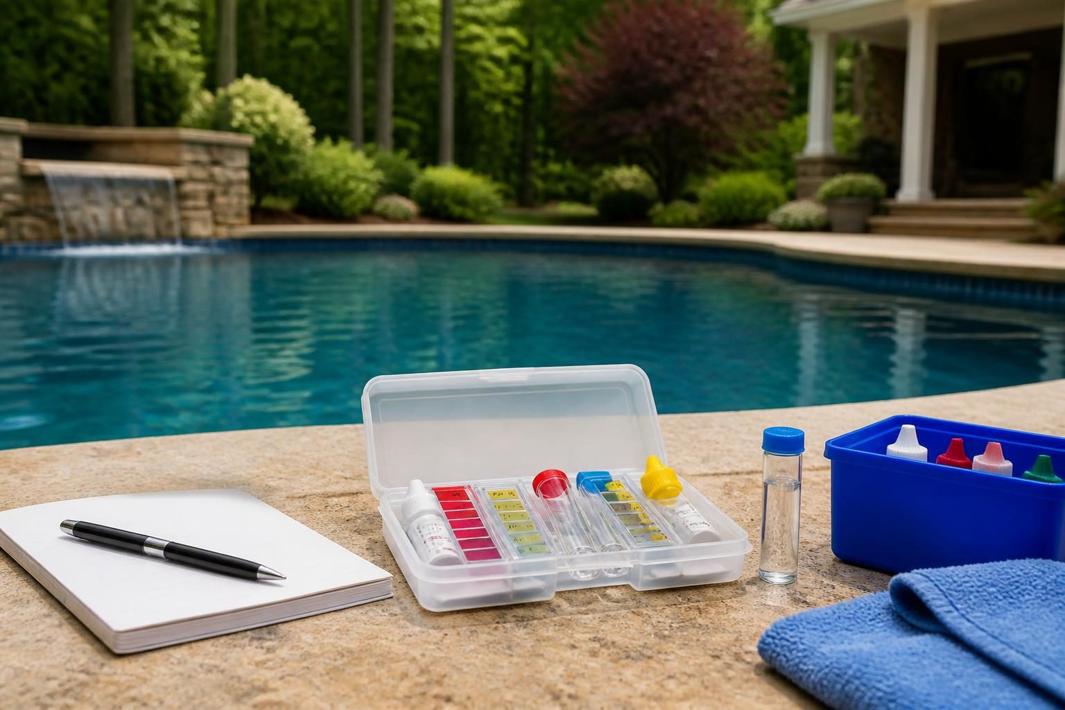 Home pool water testing basics shown with a chlorine and pH test kit beside a residential pool in North Carolina