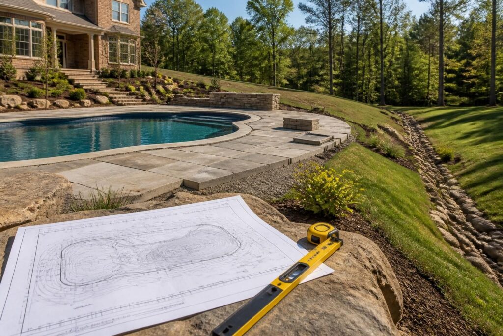 How to read a residential pool grading plan beside a North Carolina backyard pool site