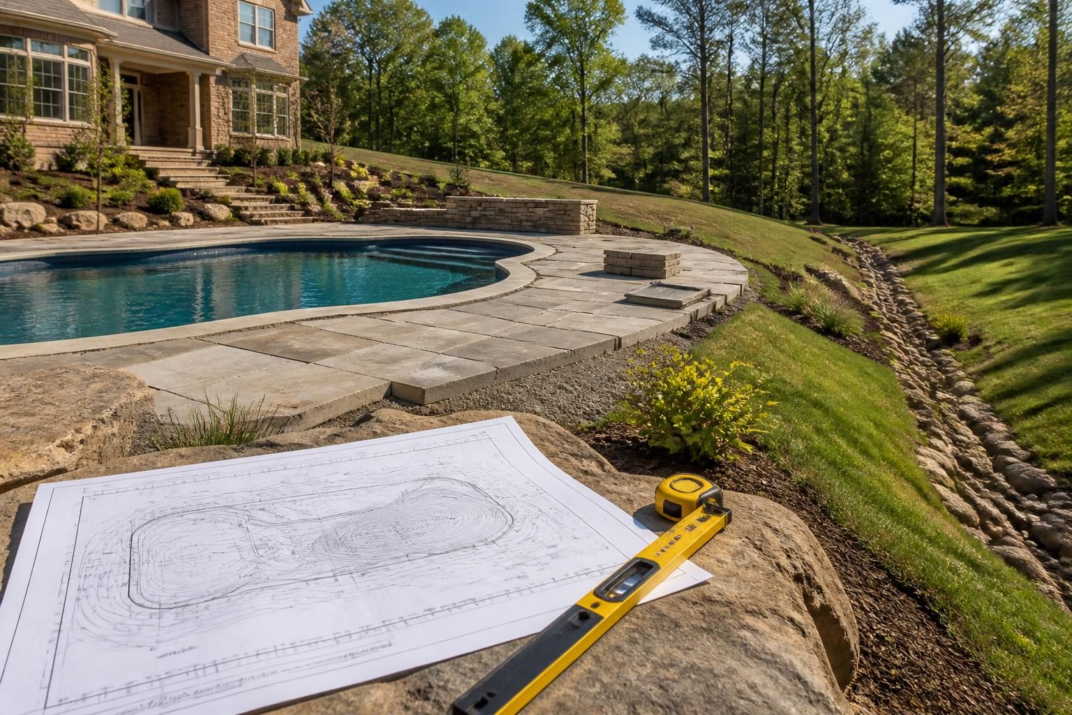 How to read a residential pool grading plan beside a North Carolina backyard pool site