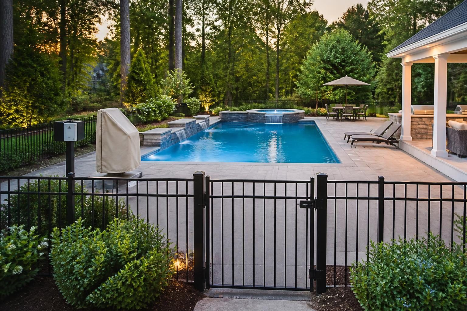 Residential pool showing layers of pool safety with a fence, closed gate, alarm, cover, and organized emergency equipment