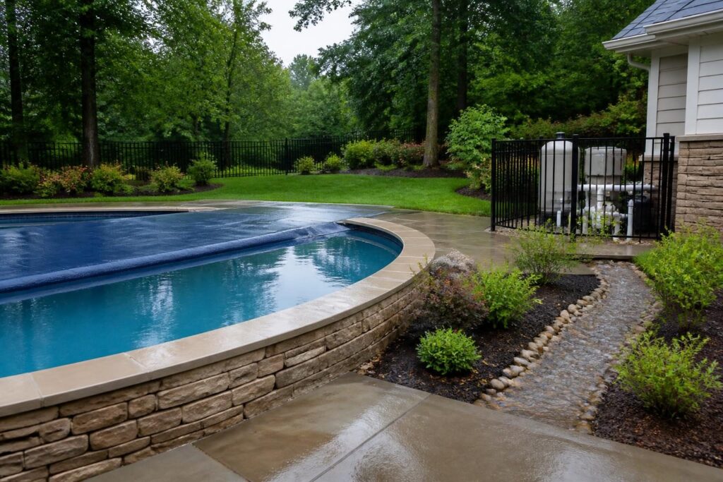 How to manage pool water level after heavy rain North Carolina in a residential backyard