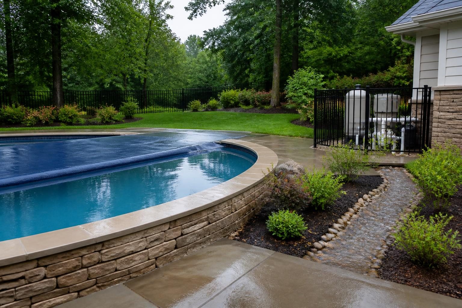 How to manage pool water level after heavy rain North Carolina in a residential backyard