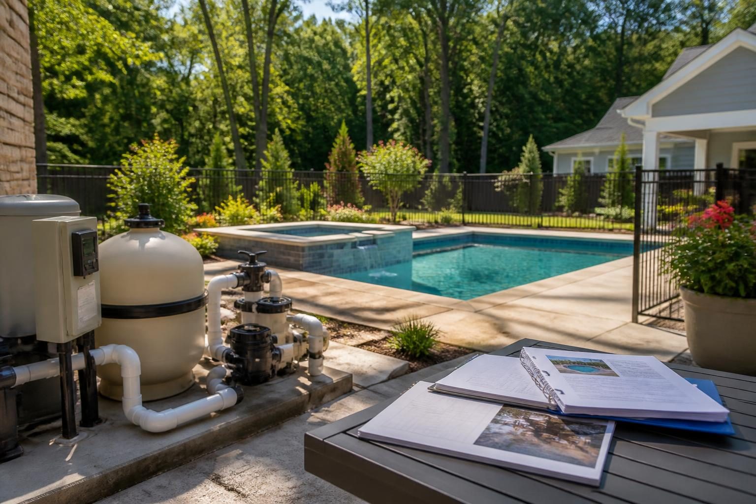 New pool handover checklist with organized equipment manuals and pool records beside a North Carolina residential pool