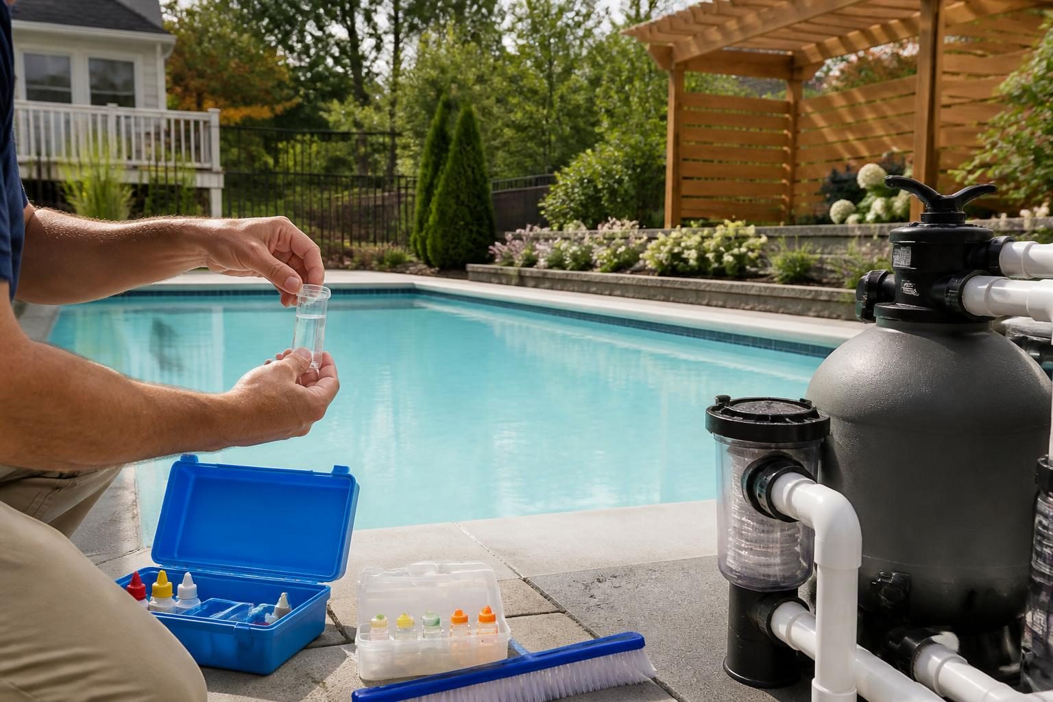 New pool startup process with water testing and equipment checks in a North Carolina backyard
