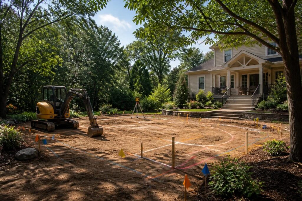 North Carolina 811 pool excavation site with utility marking flags and paint lines
