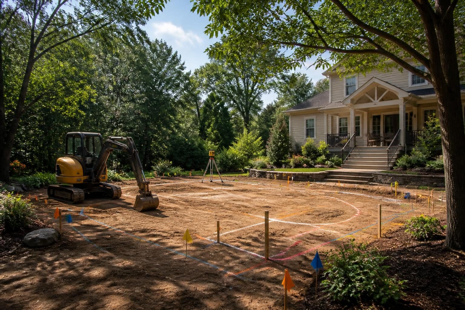 North Carolina 811 pool excavation site with utility marking flags and paint lines