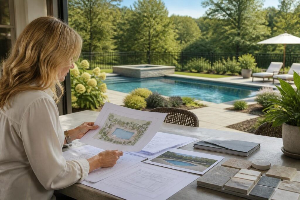 North Carolina HOA pool approval documents beside a residential pool site plan and material samples