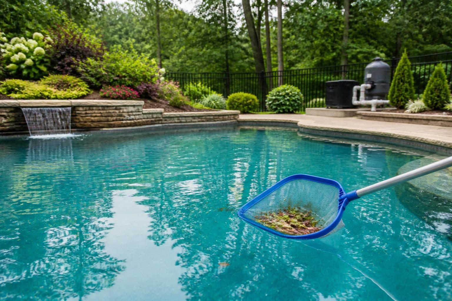 North Carolina humidity pool maintenance guide showing seasonal water care beside a residential pool