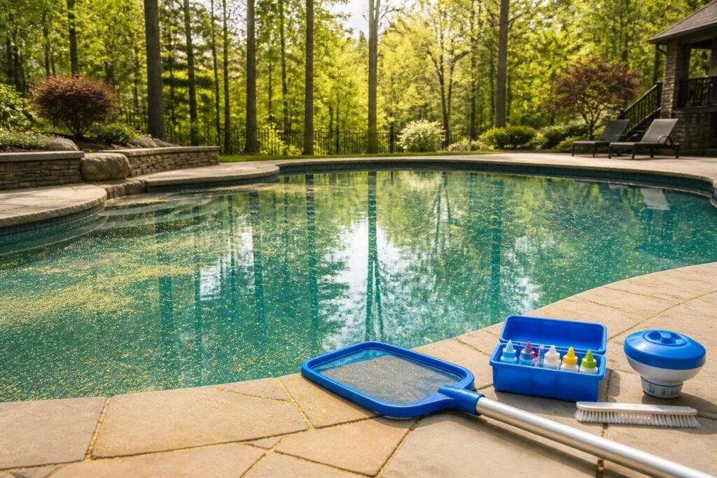 North Carolina pollen pool maintenance with spring debris on a residential pool surface