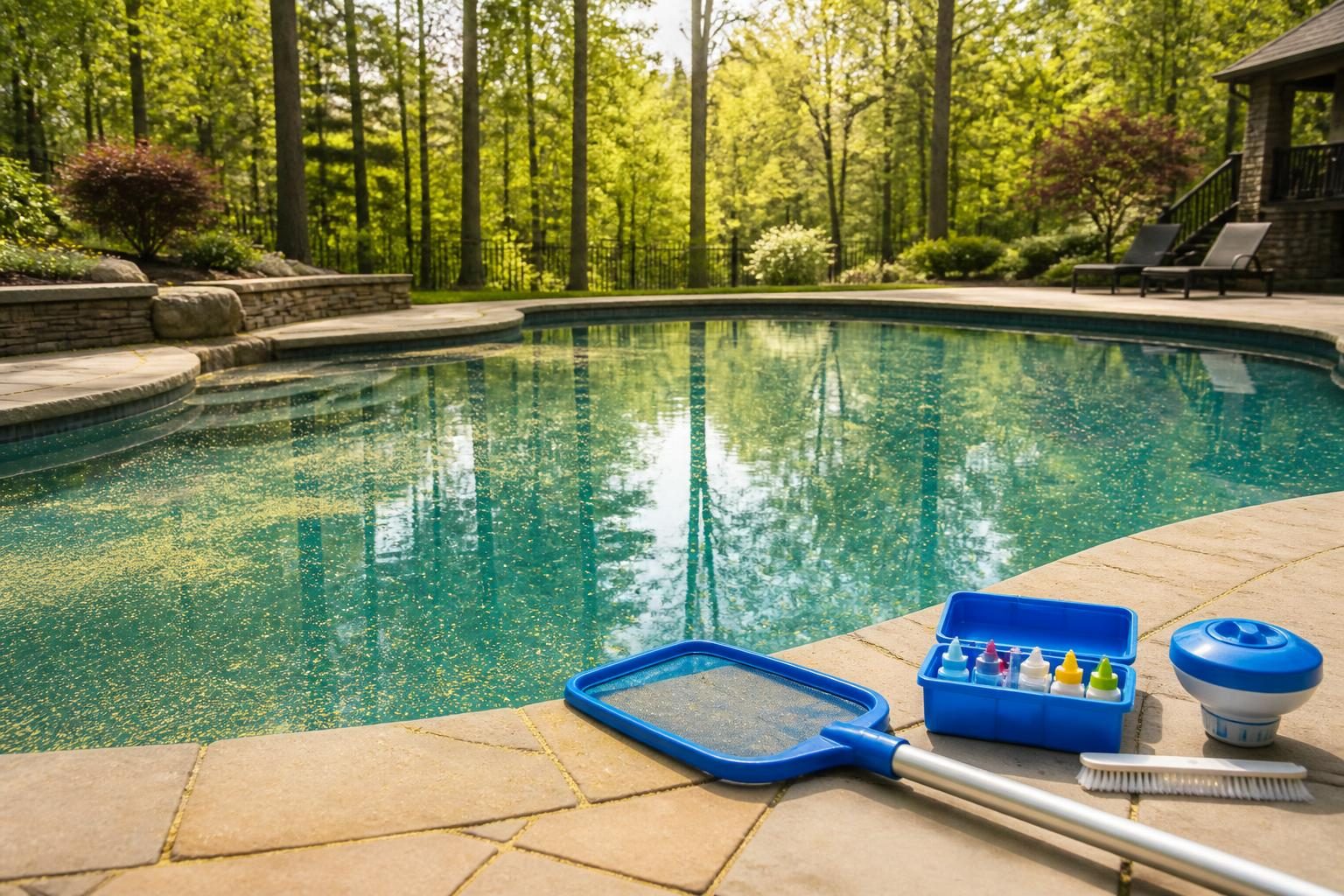 North Carolina pollen pool maintenance with spring debris on a residential pool surface