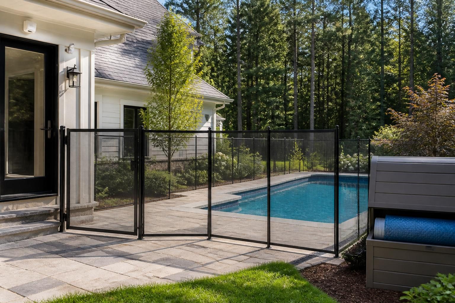 North Carolina pool barrier planning with a safety fence, secure gate, house door, and covered residential pool