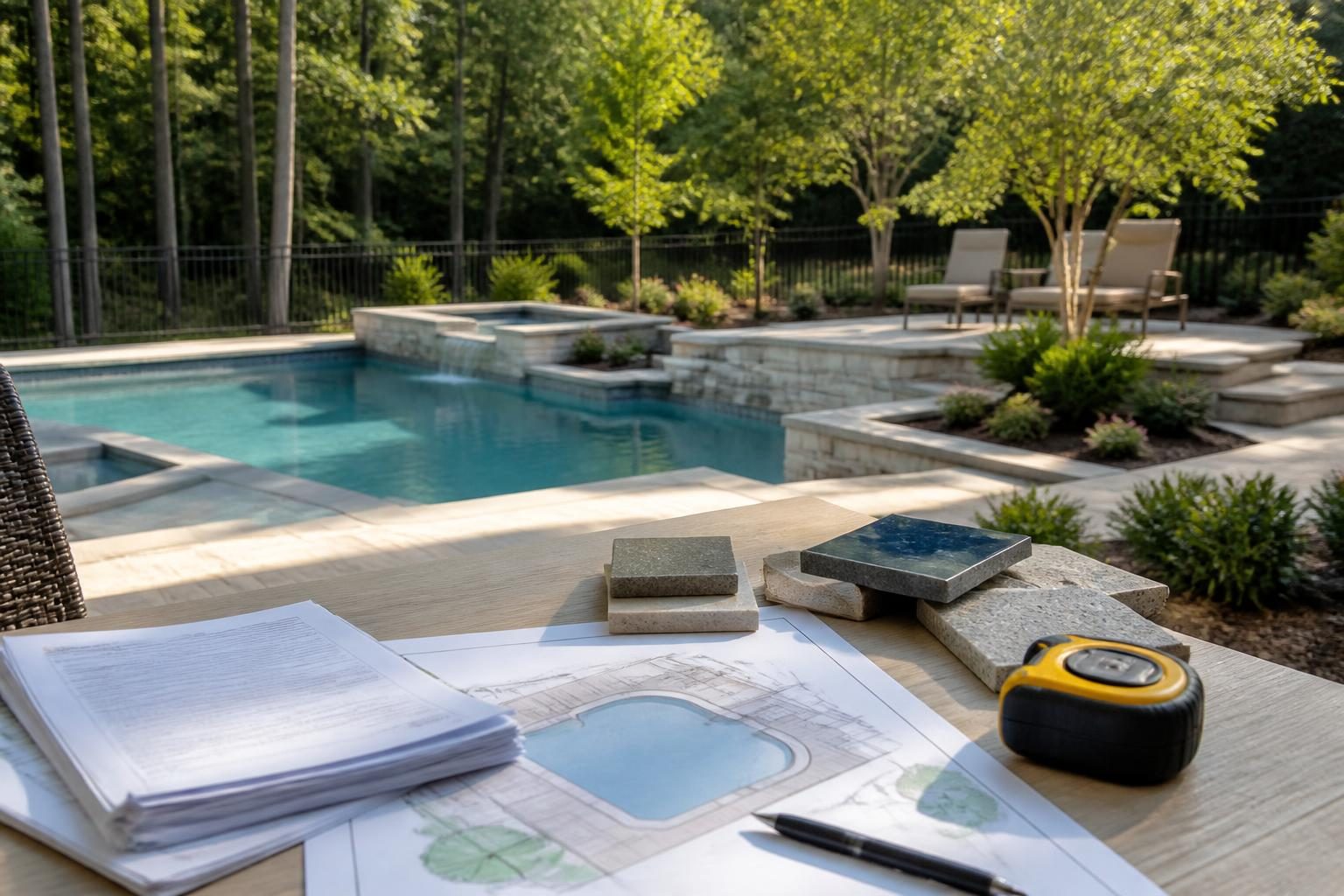 North Carolina pool builder contract checklist beside pool plans and material selections