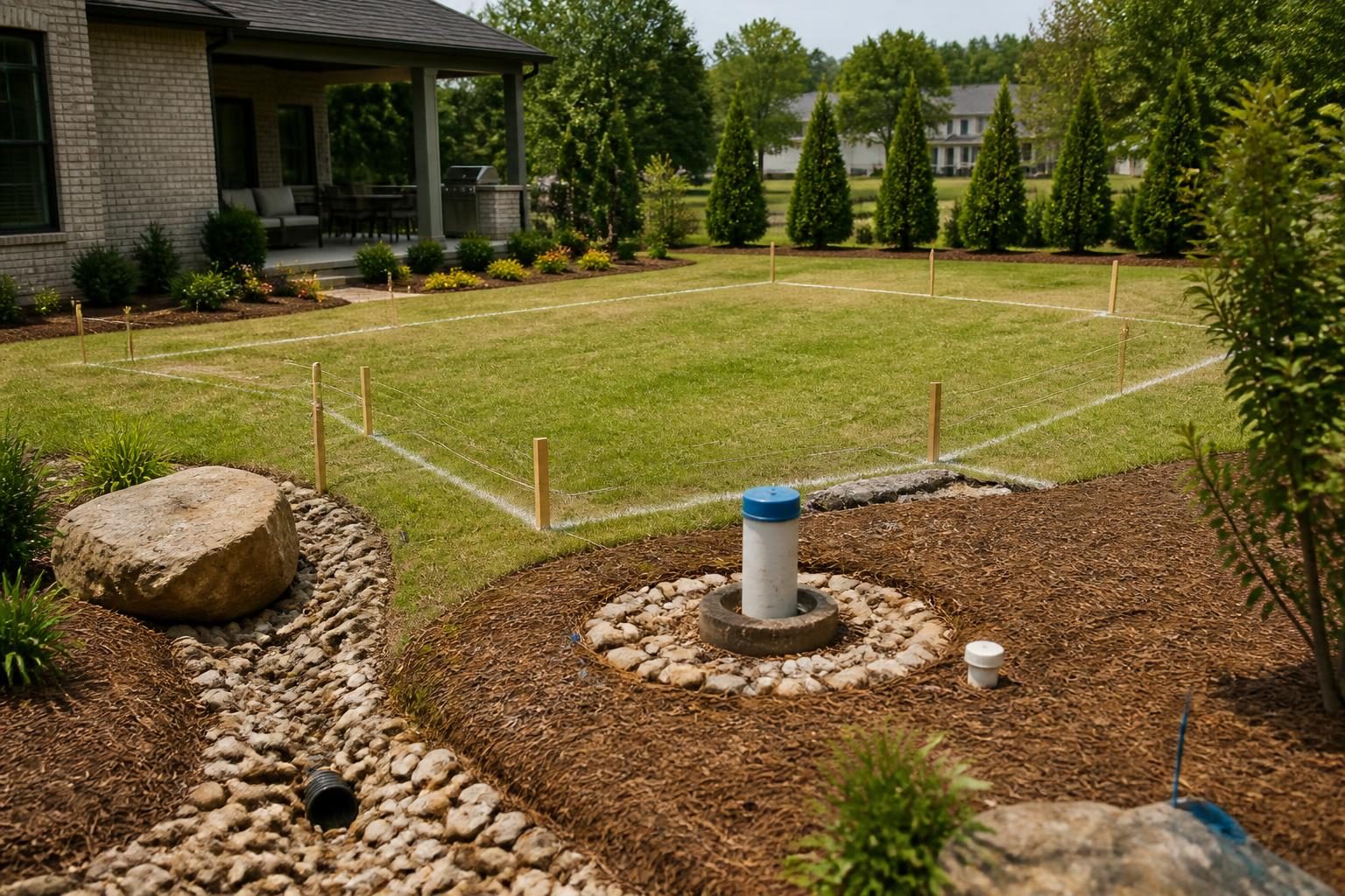 North Carolina pool near private well planning with a marked well area and proposed backyard pool layout