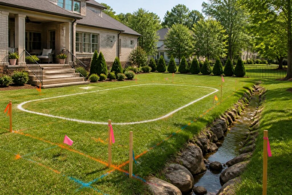 Survey-marked backyard illustrating North Carolina pool setbacks near property lines and site features