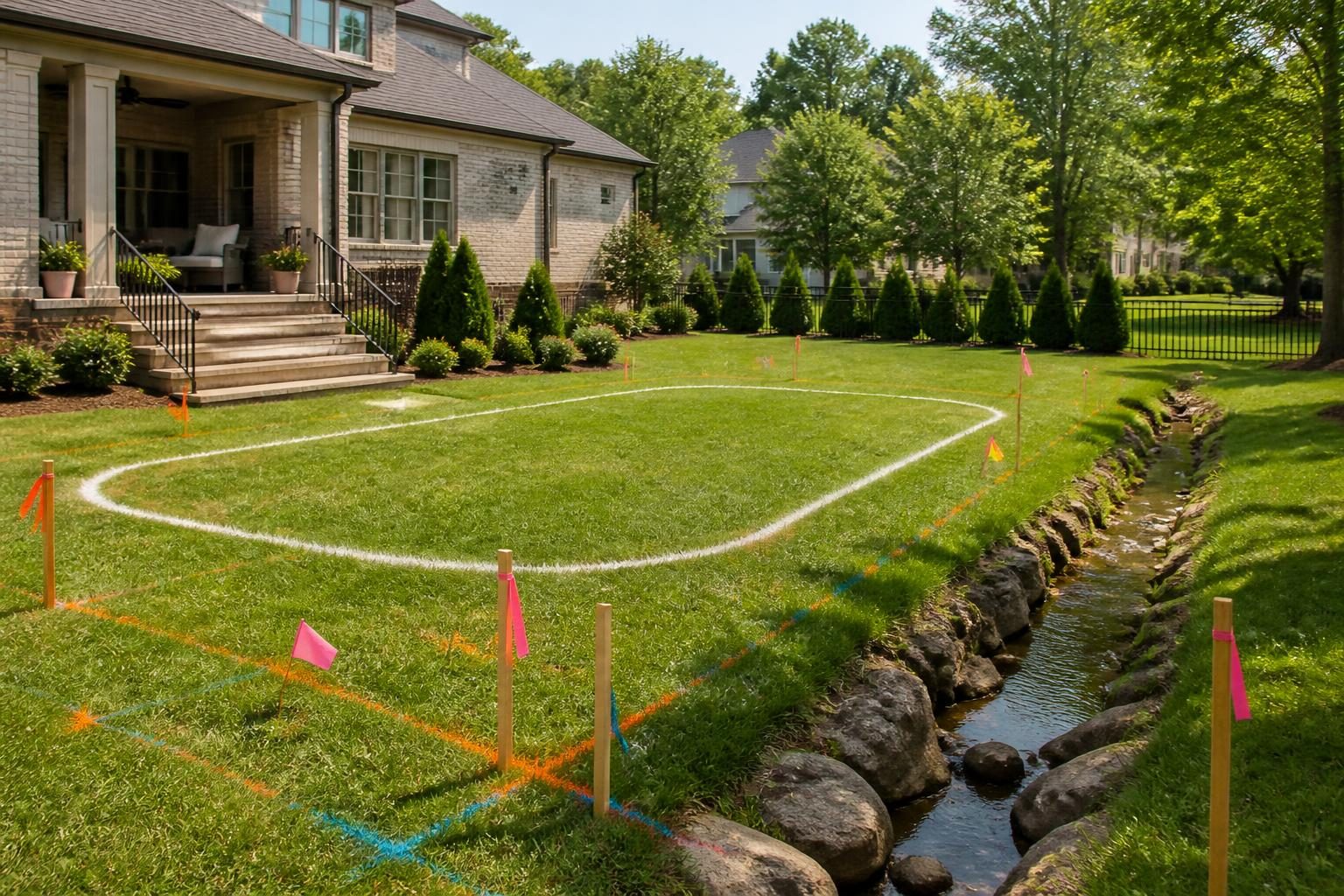 Survey-marked backyard illustrating North Carolina pool setbacks near property lines and site features