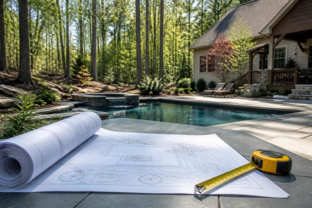 North Carolina residential pool boundary survey questions shown with a backyard site plan before pool design