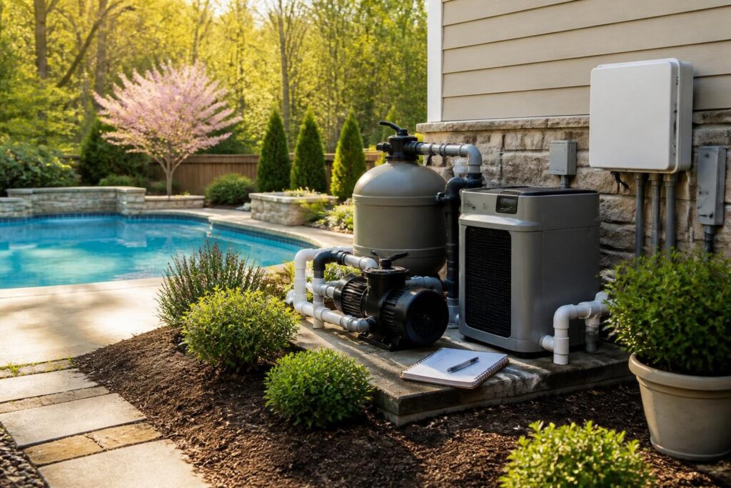 North Carolina seasonal pool equipment schedule shown with organized pump, filter, heater, and controls beside a residential pool