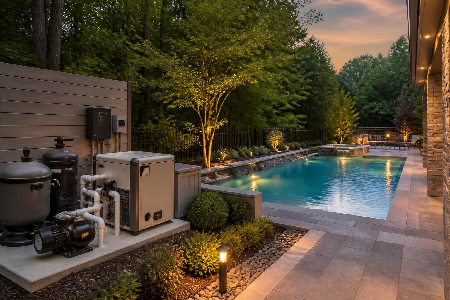 Pool automation system planning with coordinated pumps, heater, lights, sensors, and controls