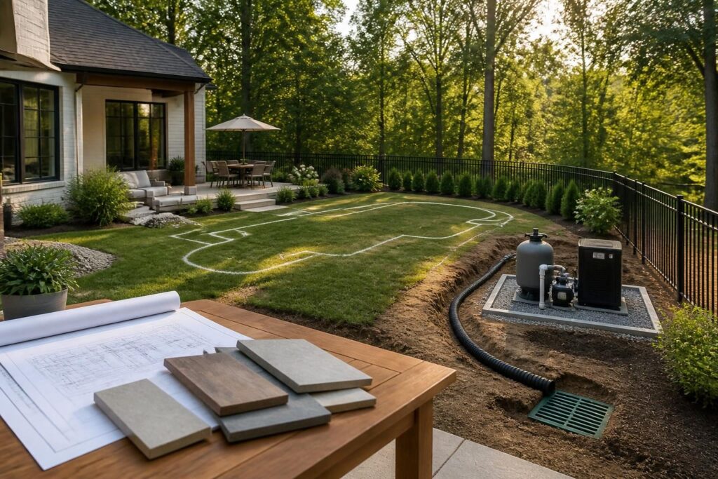 Pool budget planning North Carolina homeowners reviewing a backyard layout, site work, equipment, decking, fencing, and drainage decisions
