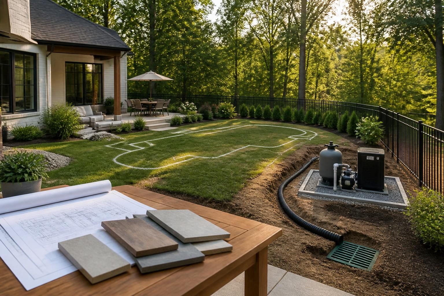 Pool budget planning North Carolina homeowners reviewing a backyard layout, site work, equipment, decking, fencing, and drainage decisions