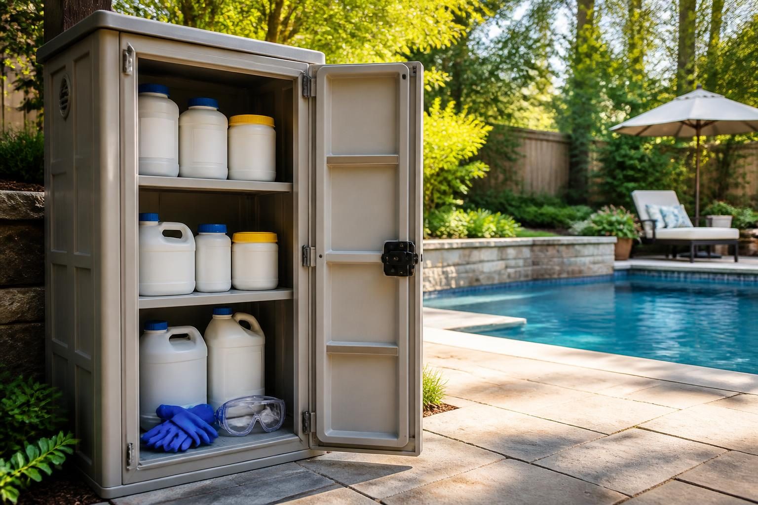 Pool chemical storage safety setup with original containers in a locked dry cabinet