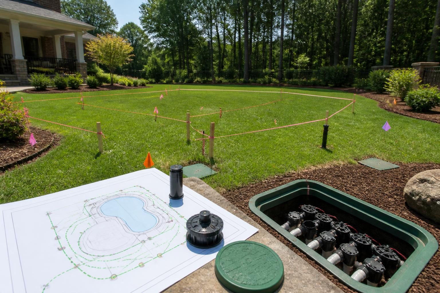 Pool construction around existing sprinkler system with mapped irrigation lines in a North Carolina backyard