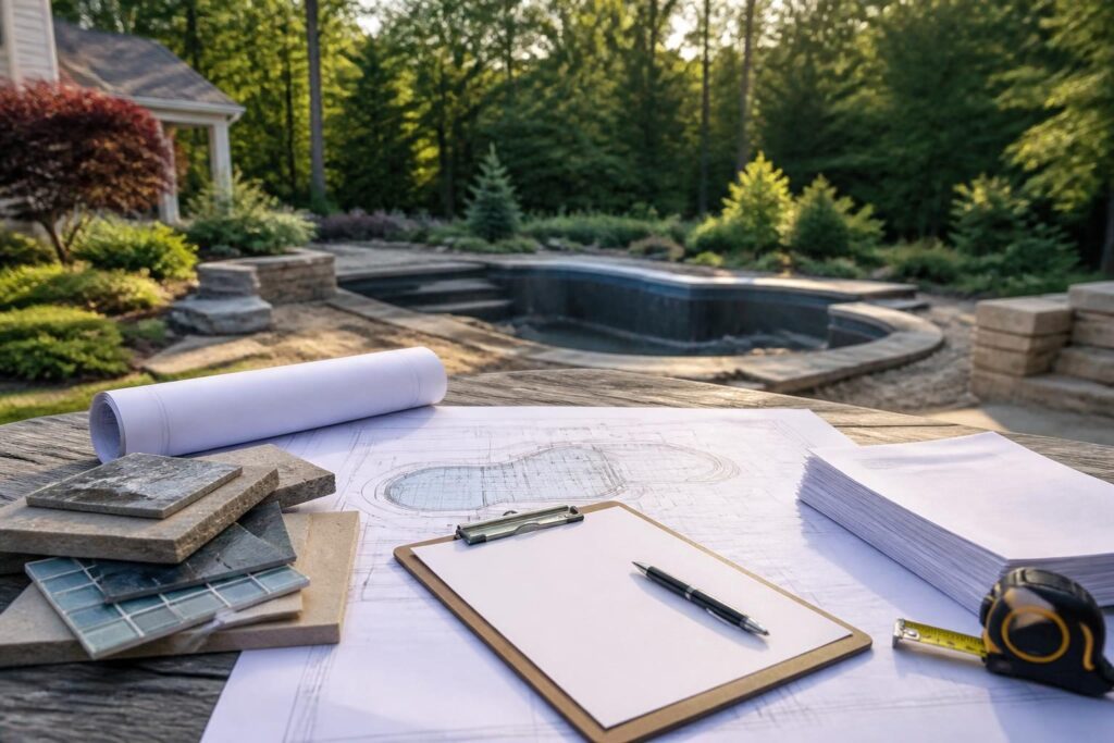 Pool construction change order checklist documents beside residential pool plans in North Carolina