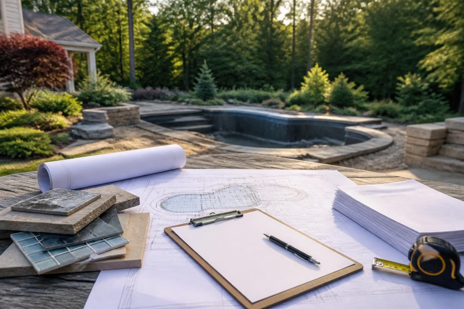Pool construction change order checklist documents beside residential pool plans in North Carolina