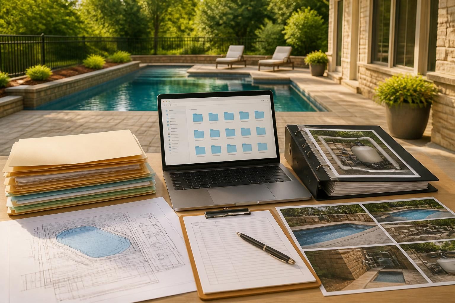 Pool construction document organization system with plans, folders, invoices, inspection records, photos, and equipment manuals