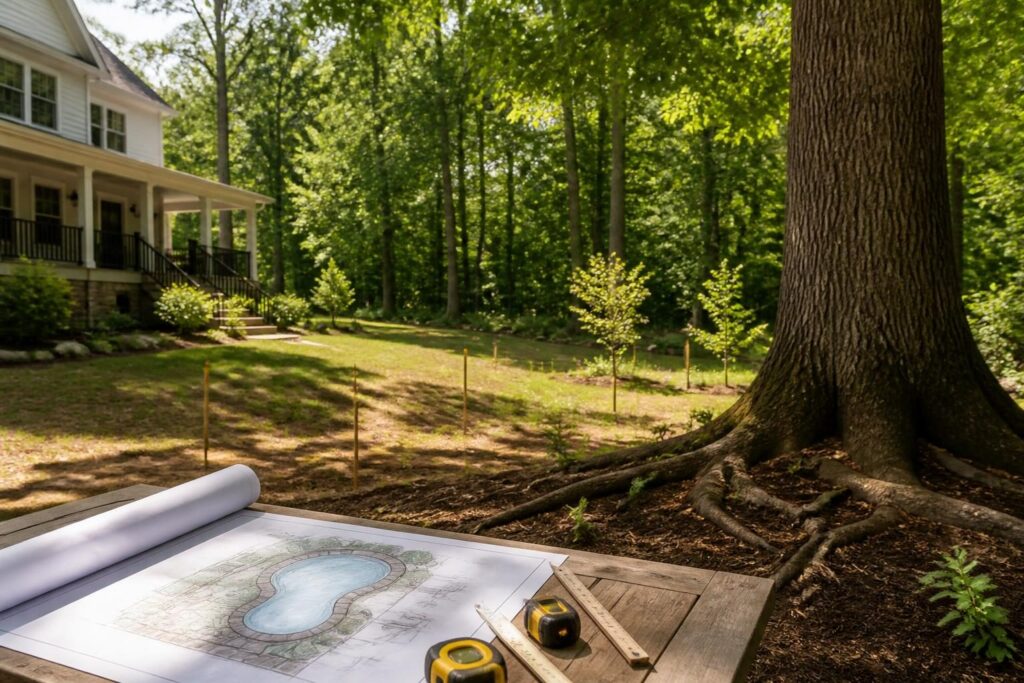 Pool construction near trees North Carolina with mature hardwoods beside a planned residential pool site