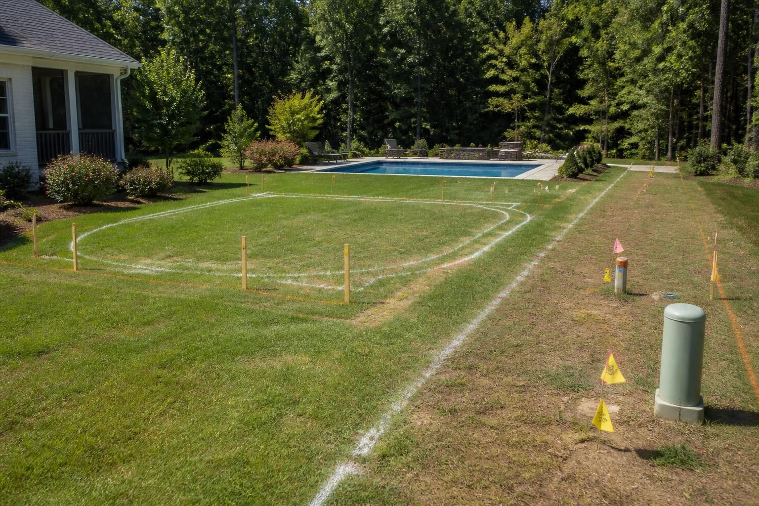 Pool construction near utility easement North Carolina shown in a backyard site planning review