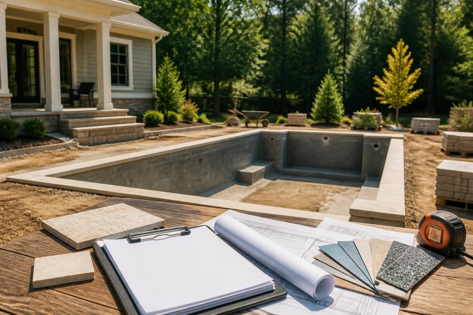 Pool construction payment milestones reviewed beside a North Carolina residential pool project