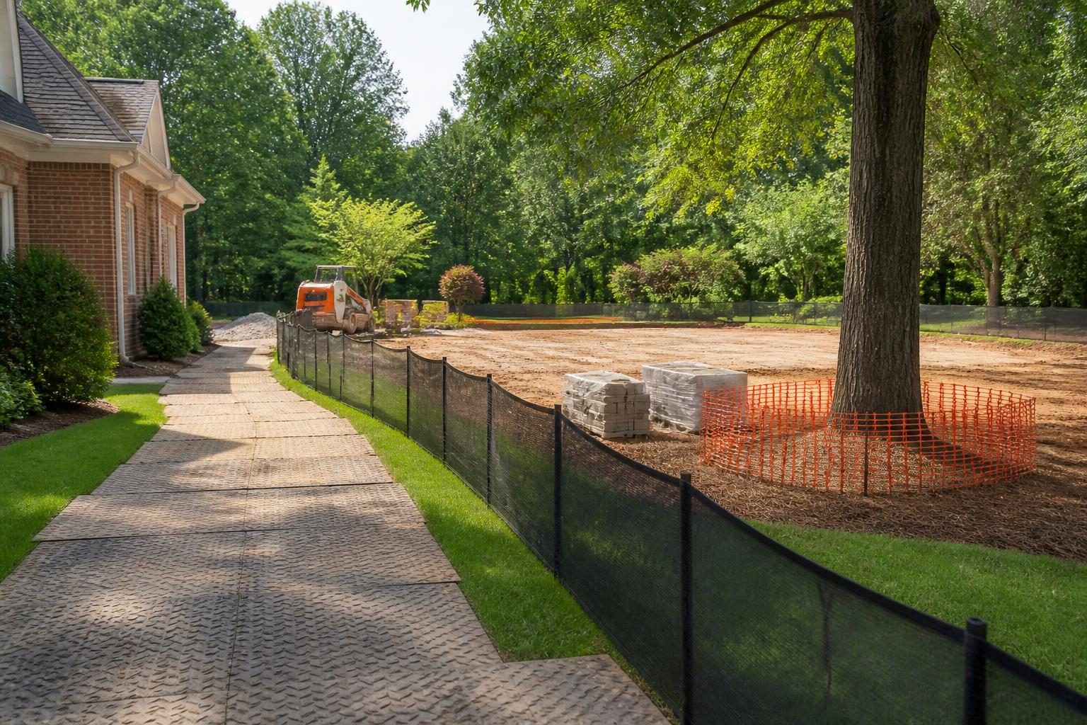 Pool construction site access protection with temporary fencing and driveway mats in a North Carolina backyard