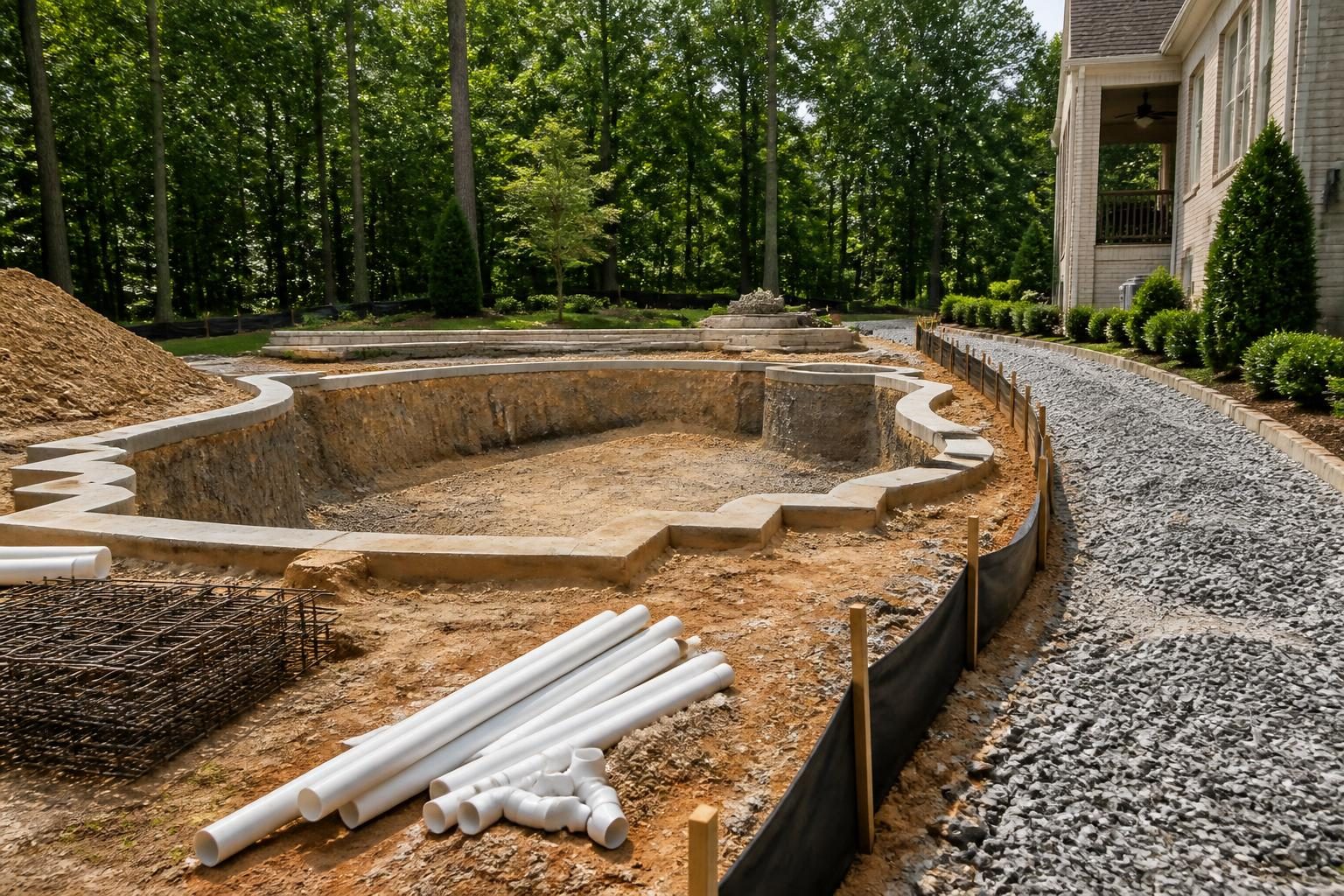 Pool construction timeline factors shown at a North Carolina residential construction site