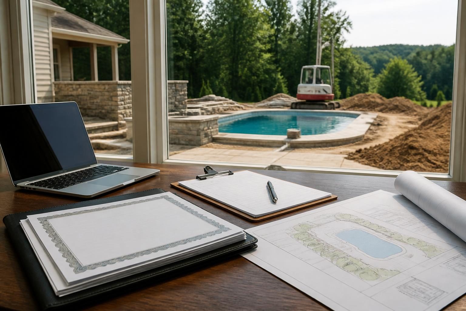 Pool contractor insurance documents checklist arranged beside a residential pool construction plan in North Carolina