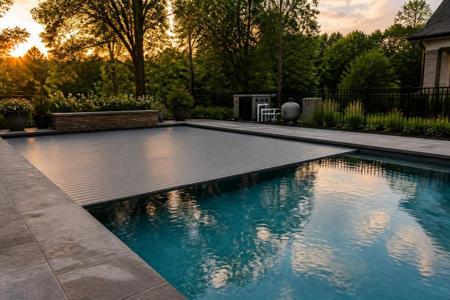 Pool cover energy savings comparison North Carolina showing a fitted automatic cover on a residential pool