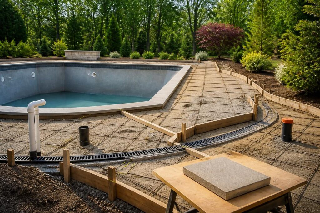 Pool deck concrete checklist shown before a residential pool deck pour in North Carolina