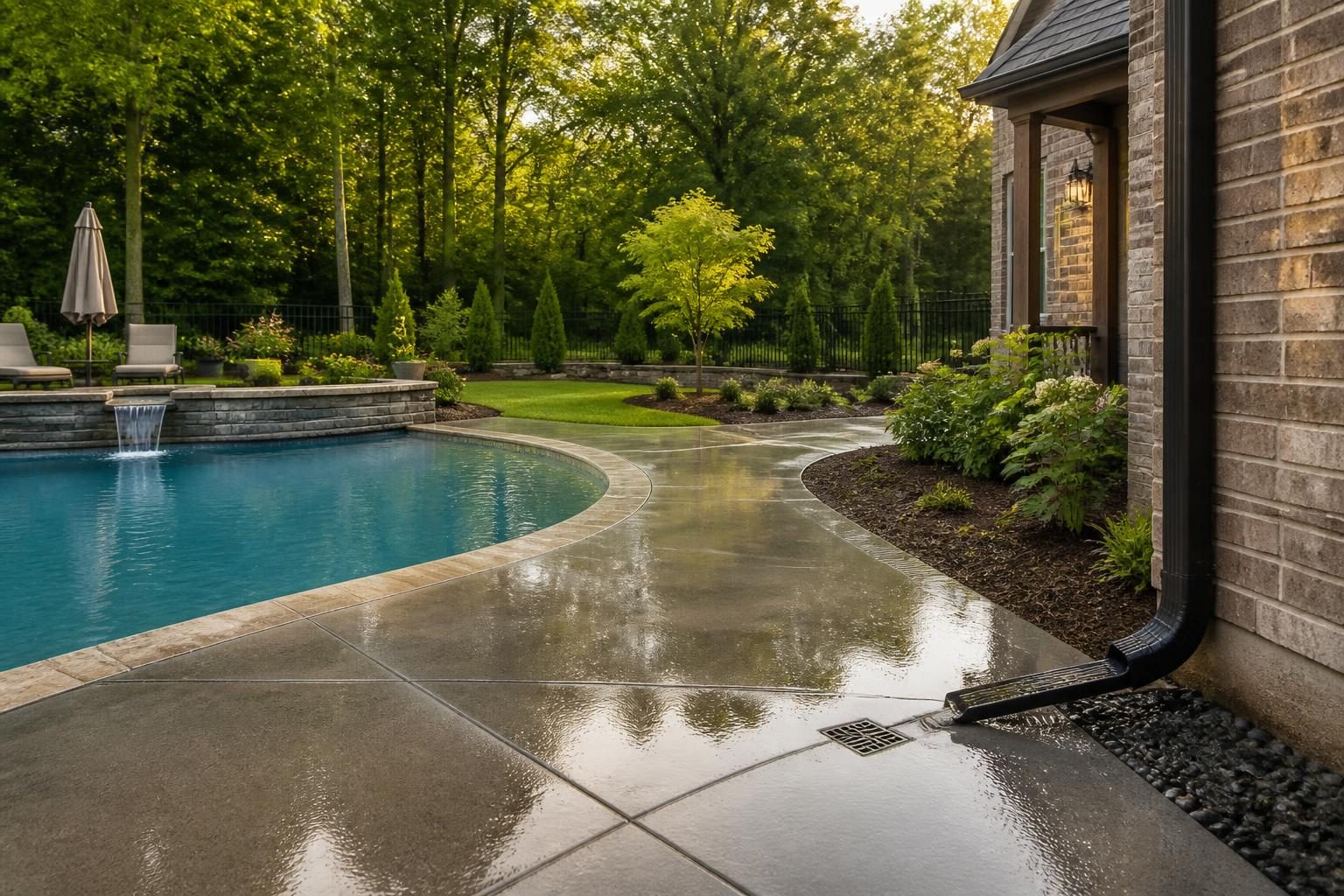 Pool deck drainage maintenance North Carolina homeowner inspecting drains and runoff paths after installation