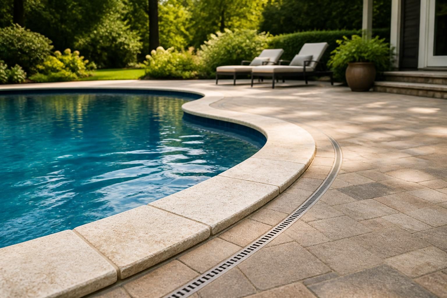 Pool decking North Carolina weather comparison showing textured coping and pavers in a landscaped backyard