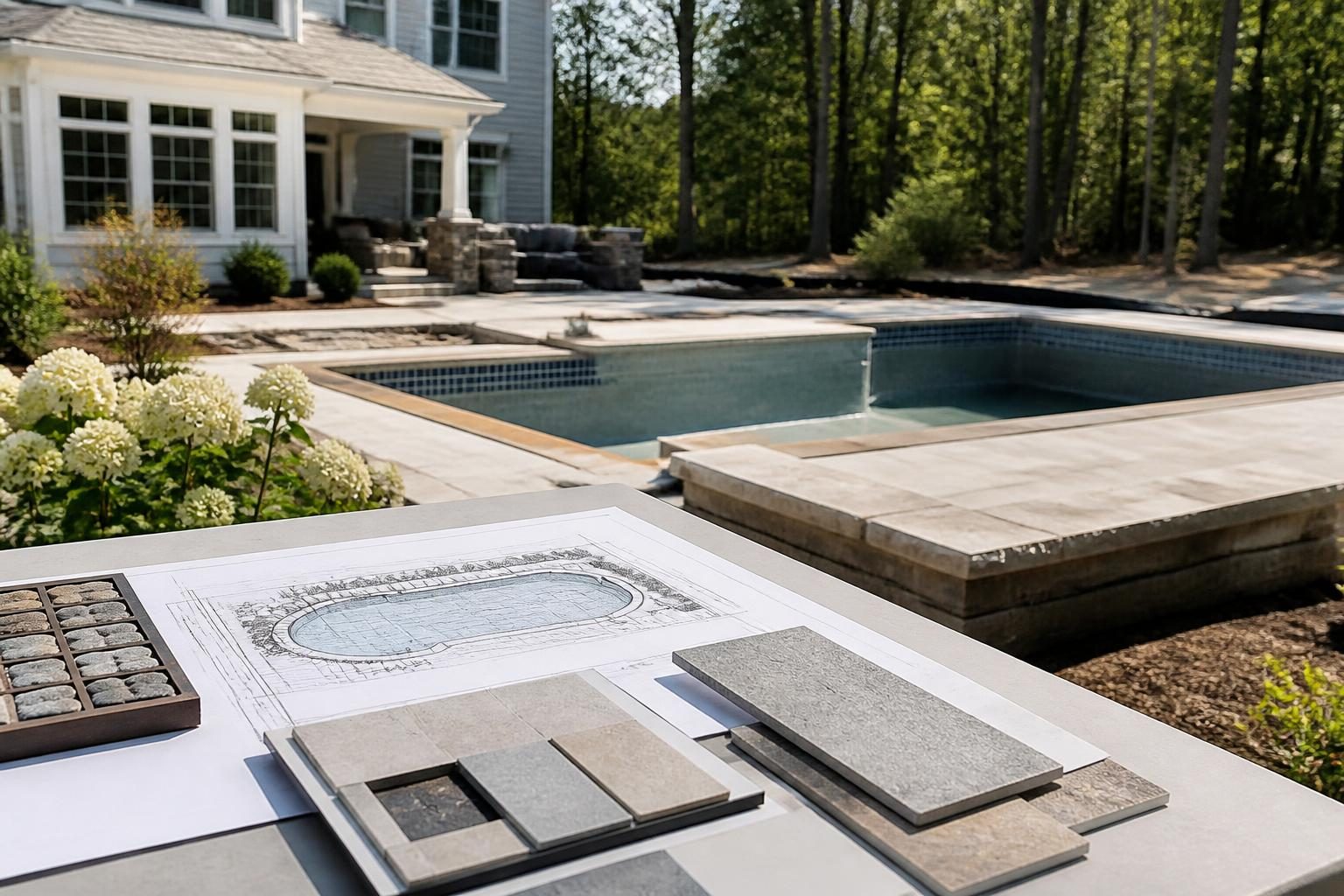Pool design revision checklist for homeowners shown with revised pool plans and outdoor material samples