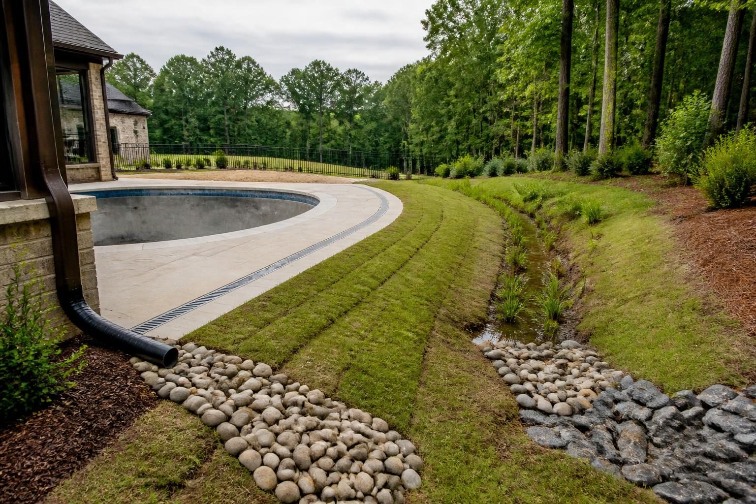 Pool drainage discharge away from house with grading, downspouts, and a stabilized yard outlet