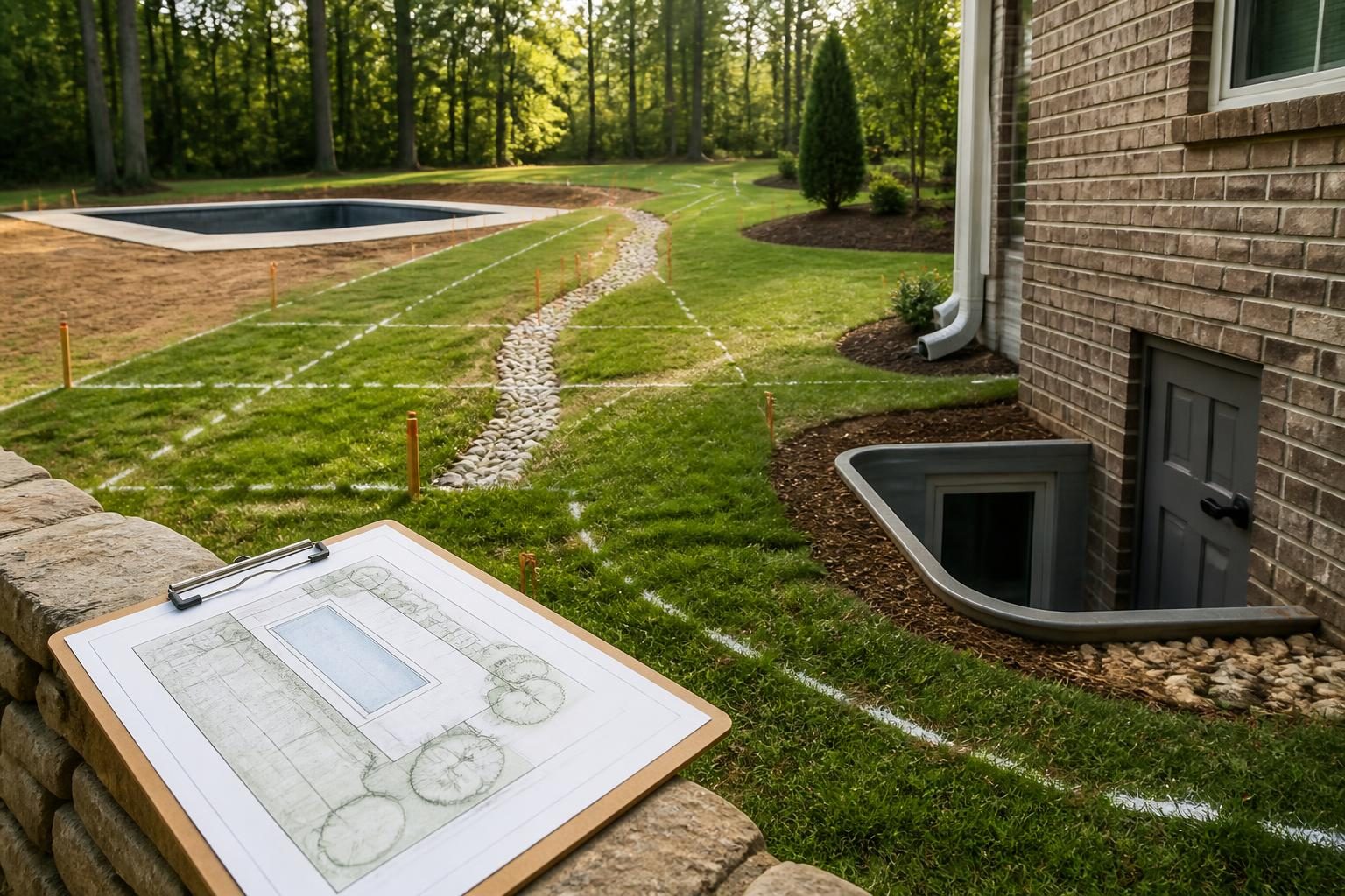 Pool drainage near basement crawl space planning with grading and foundation review