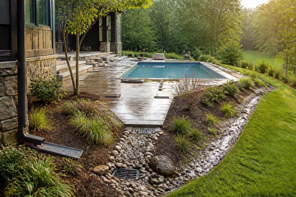 Pool drainage planning North Carolina yard with graded pool deck and runoff controls