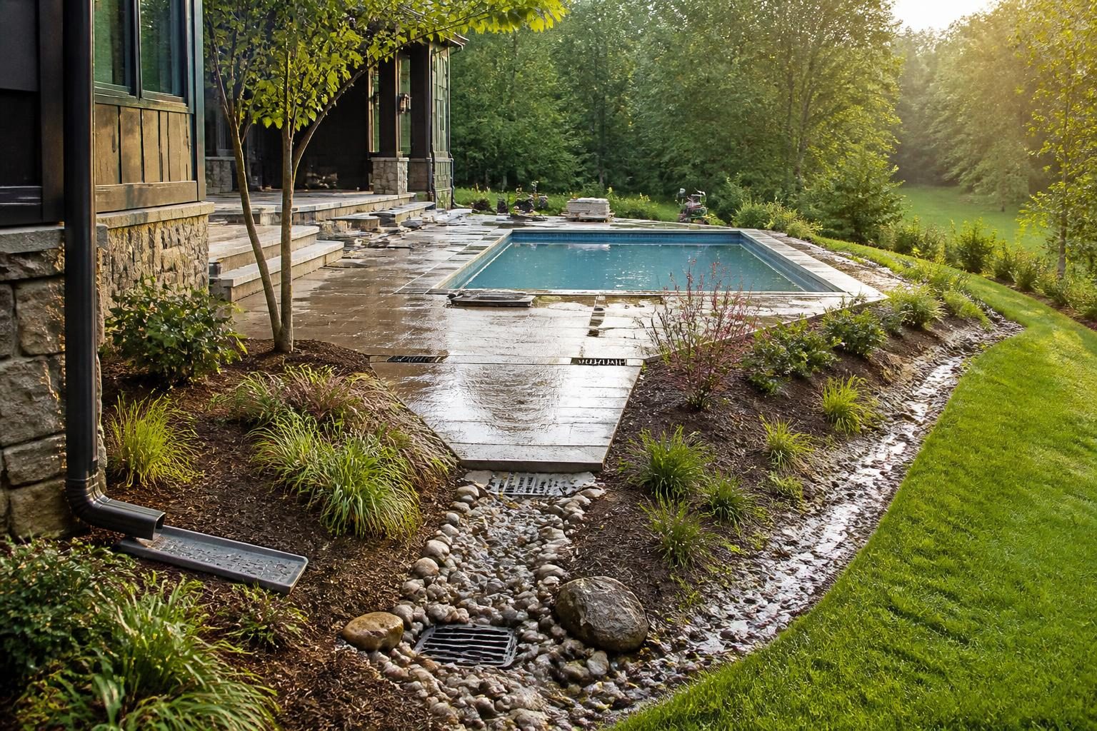 Pool drainage planning North Carolina yard with graded pool deck and runoff controls