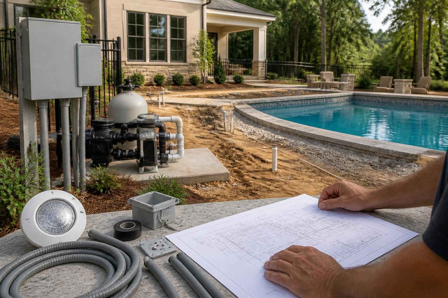 Pool electrical safety questions discussed beside residential pool equipment in North Carolina