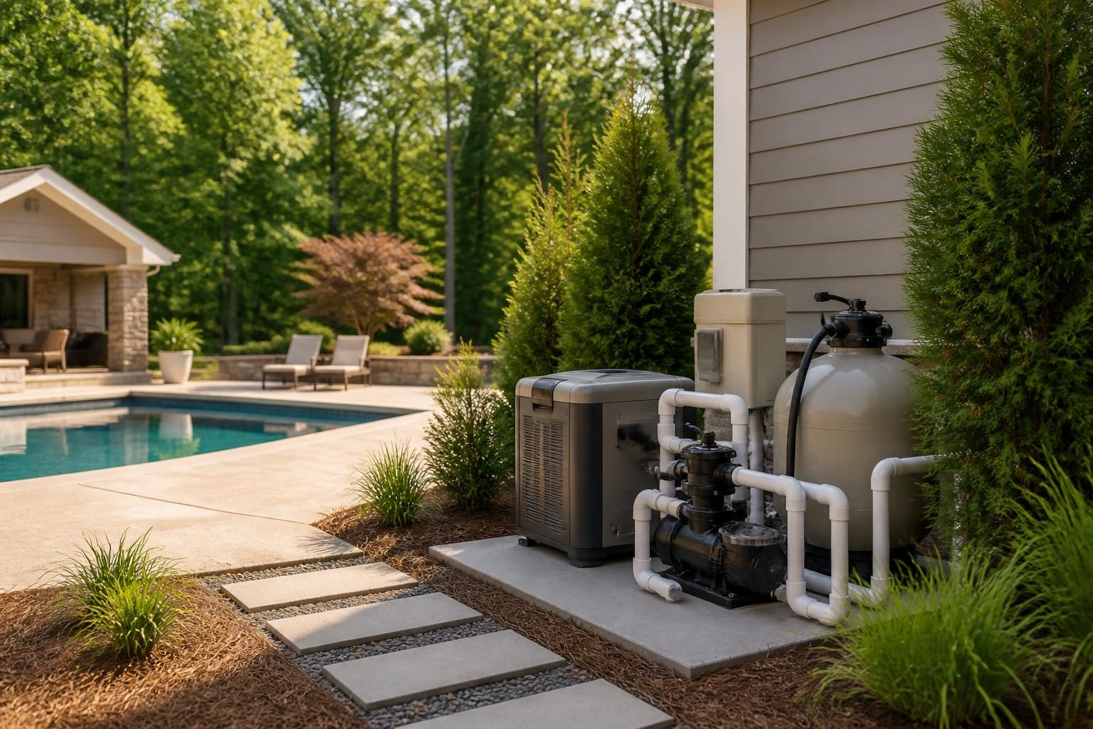 Pool equipment location planning shown in a tidy North Carolina residential backyard with clear service access and drainage.
